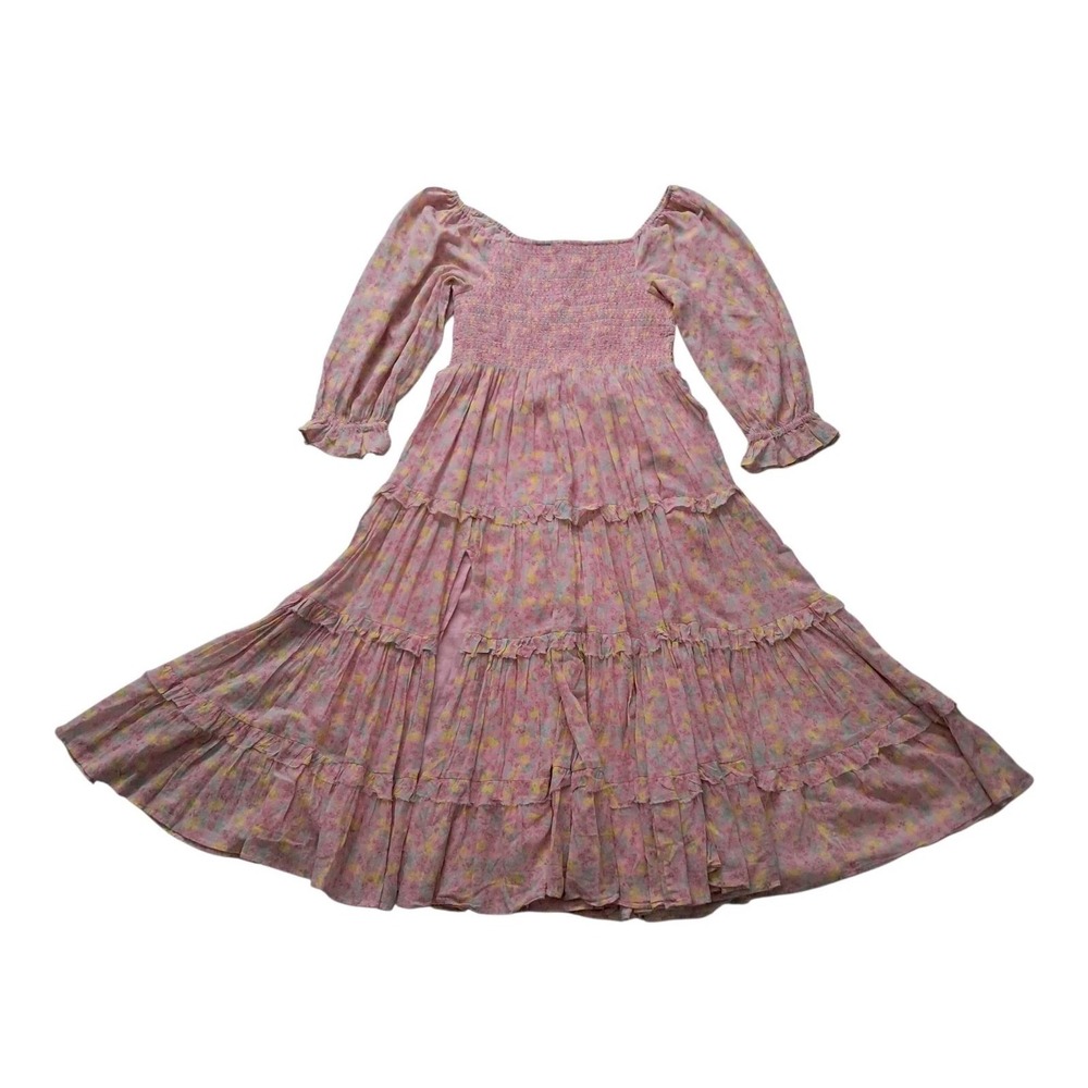 LoveShackFancy Dress Women's Medium Pink Capri Smocked Midi Off Shoulder Cottage